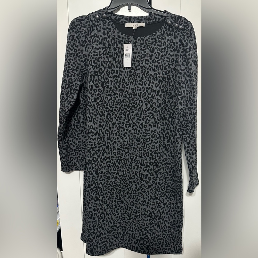LOFT Gray and Black Leopard Dress
